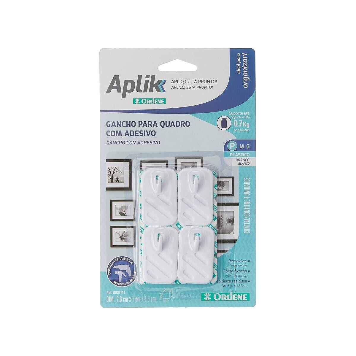 Gancho Plástico Adesivo Aplik Branco para Quadros