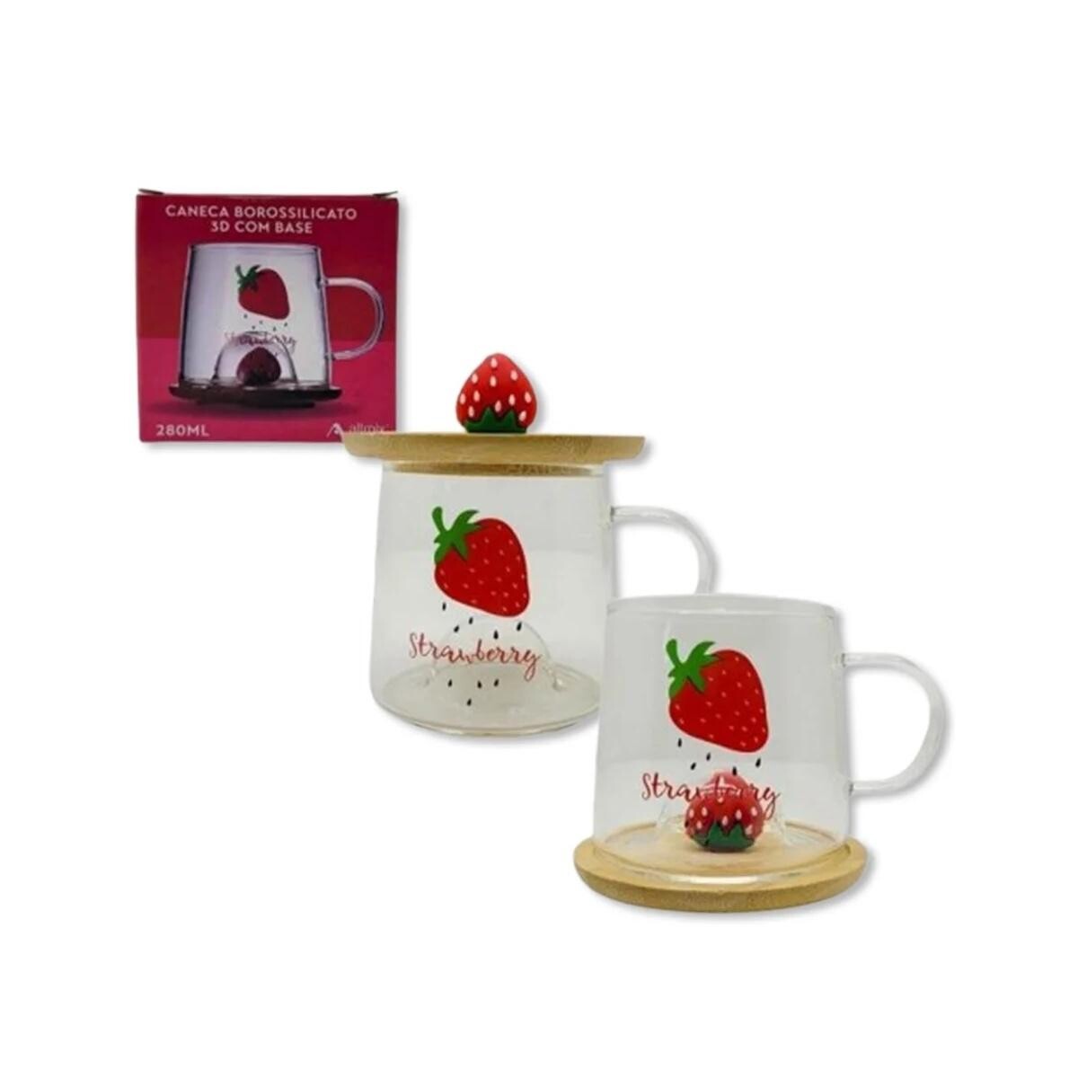 Caneca Borossilicato de Morango 3d com Base 280ml Cor Transp