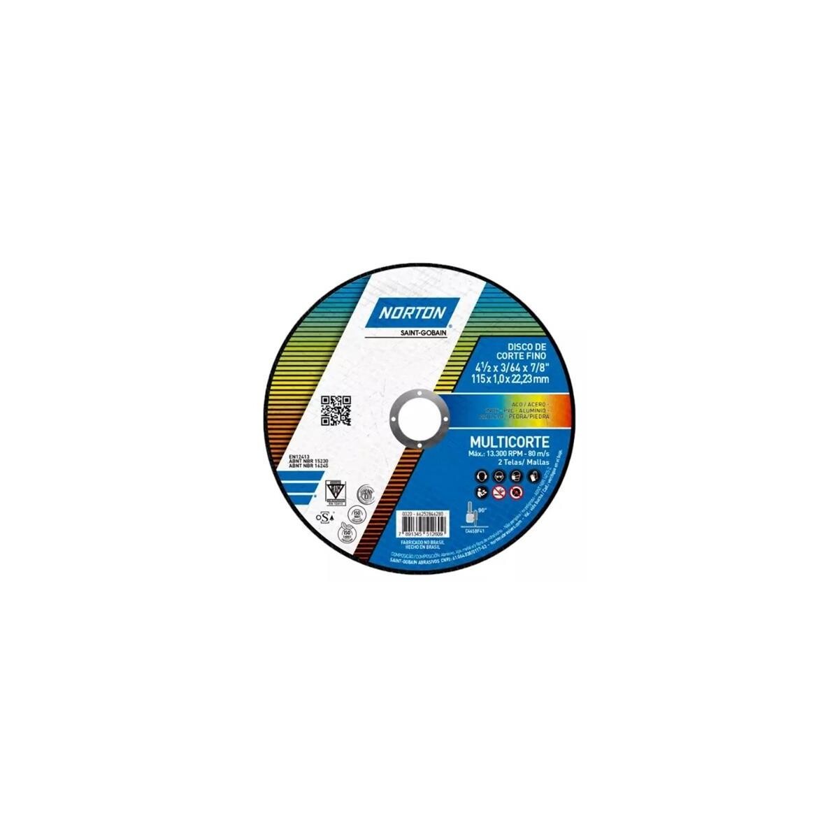 Disco de Corte Norton Multicorte 4-1/2" X 1,0mm para Metal e Inox
