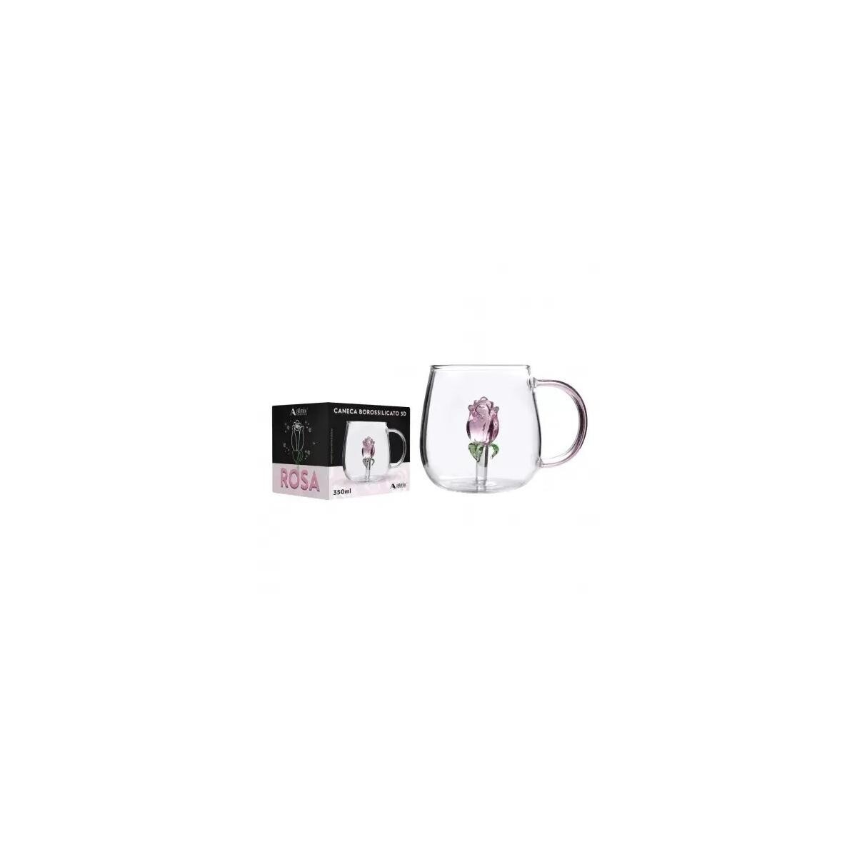 Caneca de Rosa 3d Vidro Borossilicato 350ml Presente Transpa