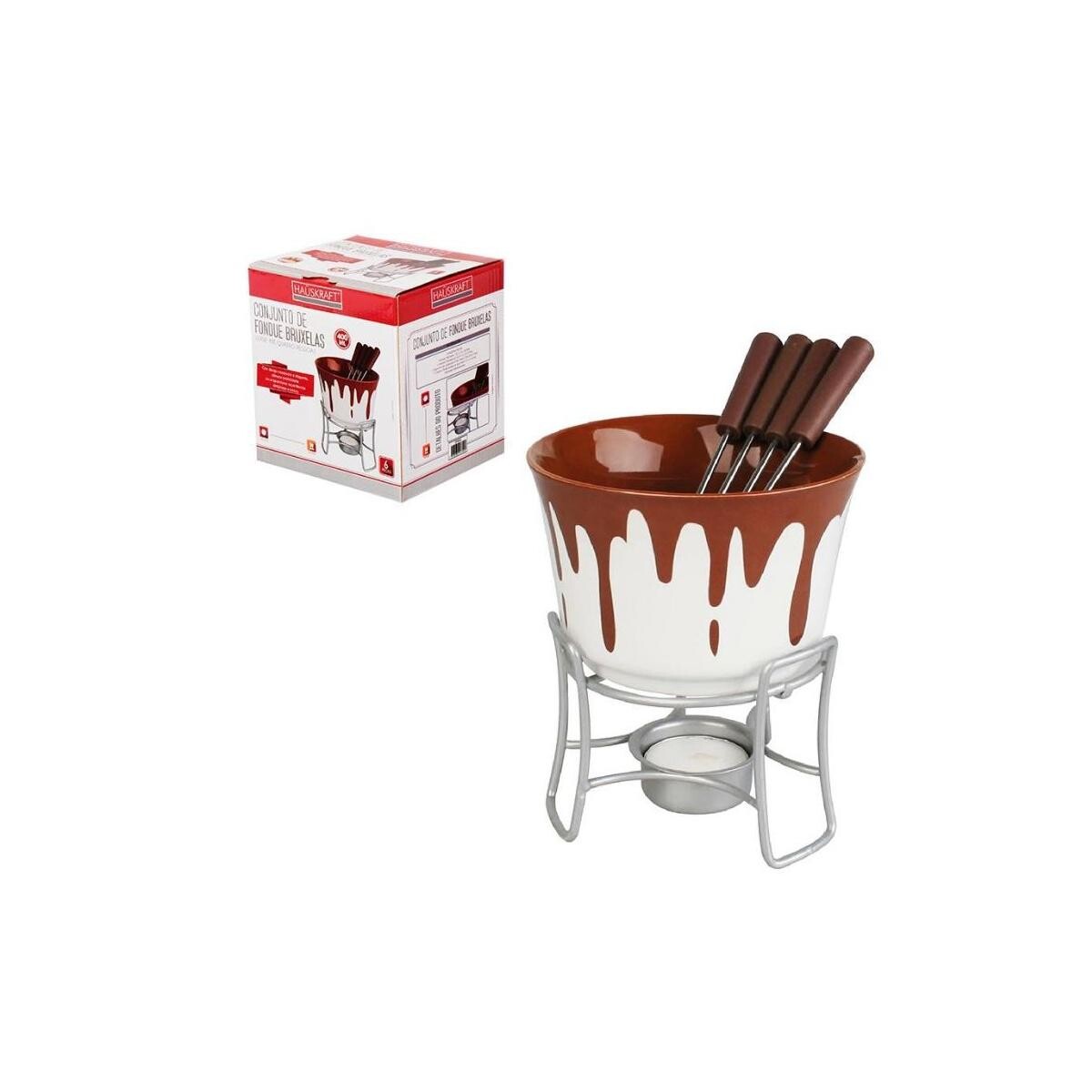 Conjunto Fondue Cj Bruxelas 6 Peças Inox e Cerâmica