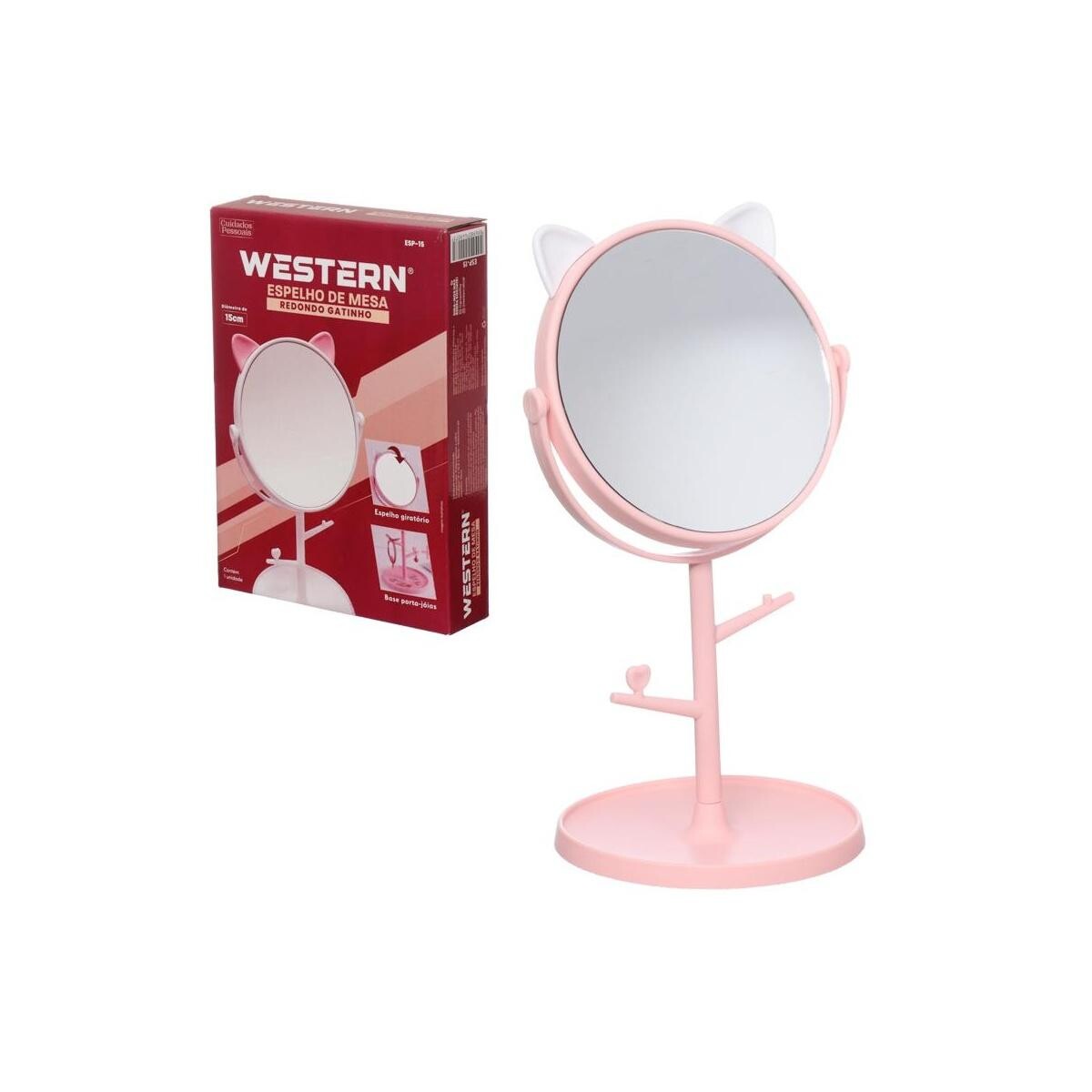 Espelho de Mesa Gatinho Redondo 15cm Decoração e Maquiagem