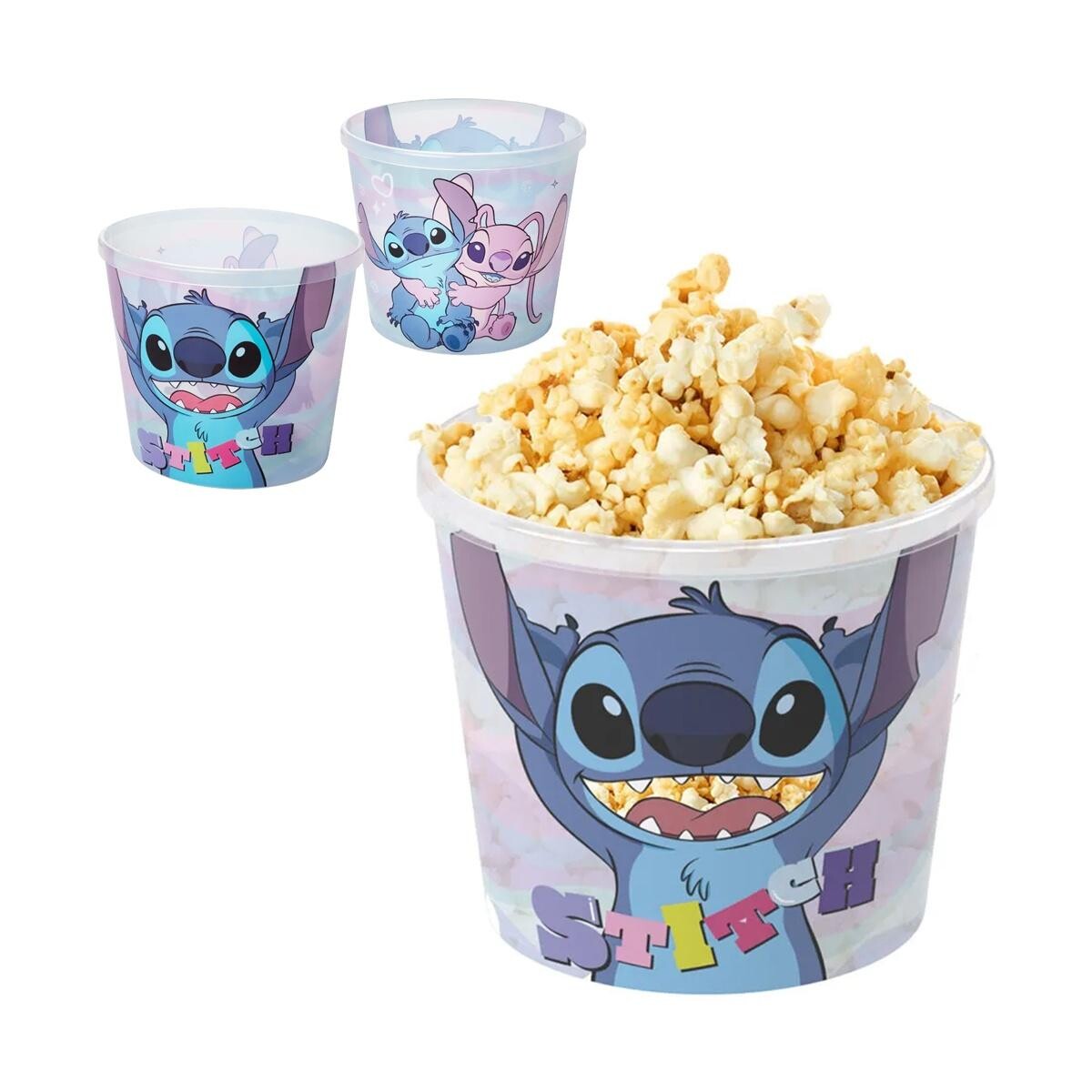 Kit Cesta Presente Stitch Balde Pipoca Copo Caneca e Garrafa