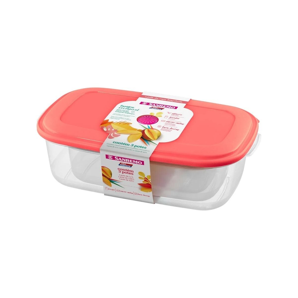 Kit 3 Potes Retangulares Sanremo para Armazenamento Alimentos