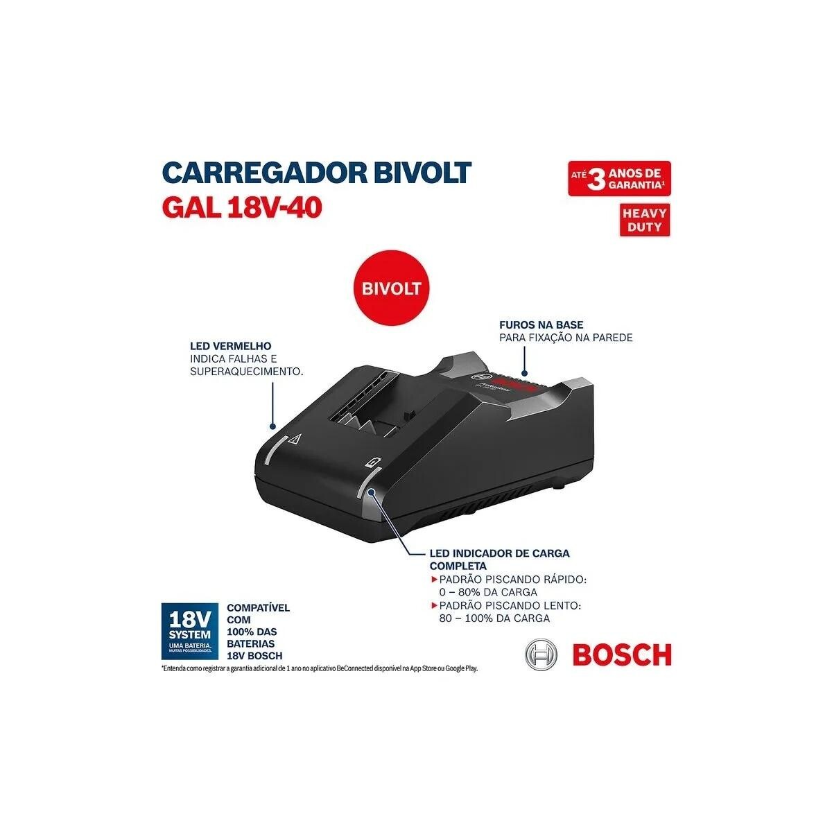 Carregador de Bateria Bosch Galv 18v-40, 18 Volts