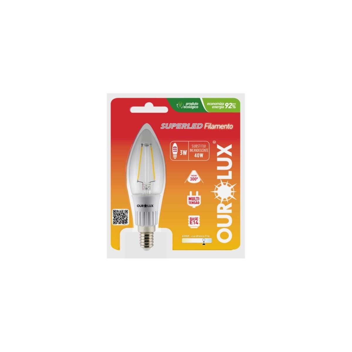 Kit 4 Lâmpadas Led Vela Filamento E14 3w 6000k Ourolux Branc