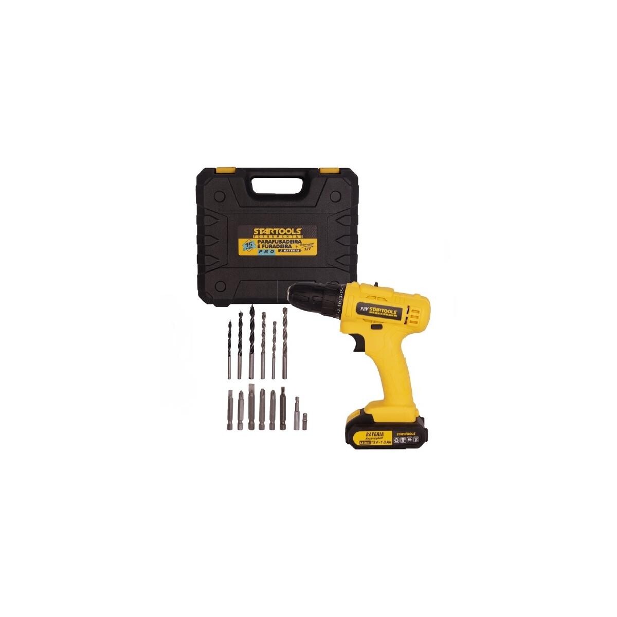 Parafusadeira Furadeira Startools 12v Bivolt Kit 15 Peças C/ Maleta