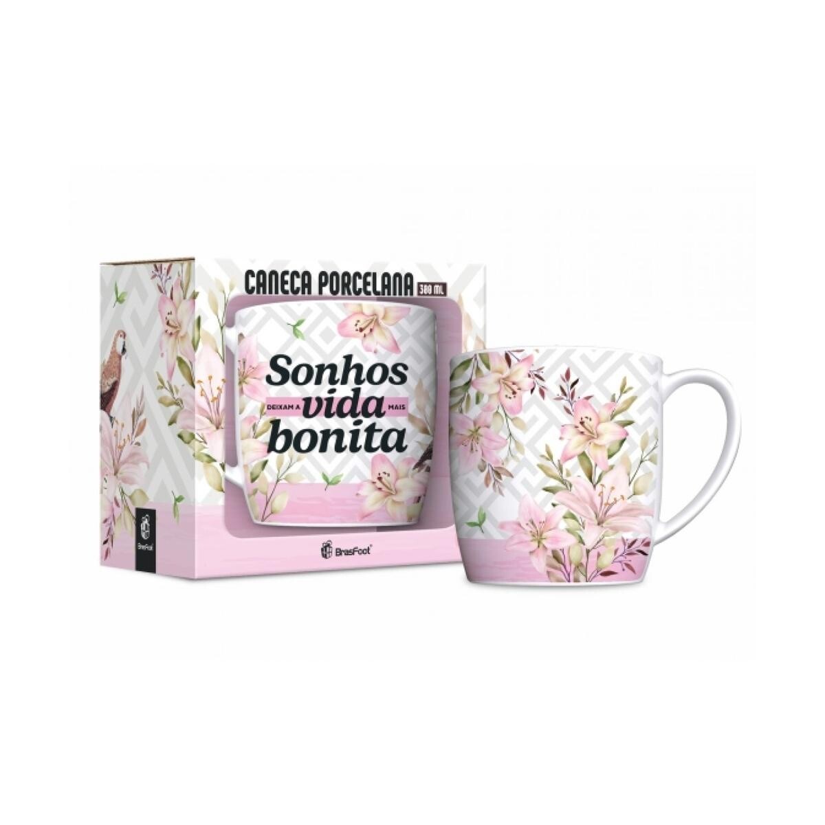 Caneca de Porcelana Rosa Pálido 300ml Sonhos Vida Bonita Par