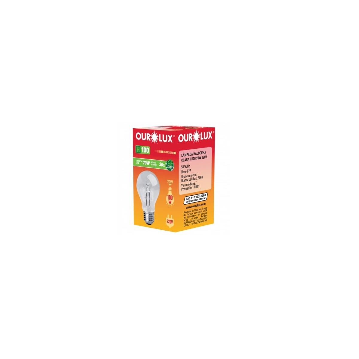 Lâmpada Eco Halógena Clara H100 70w Ourolux - Durabilidade e Eficiência