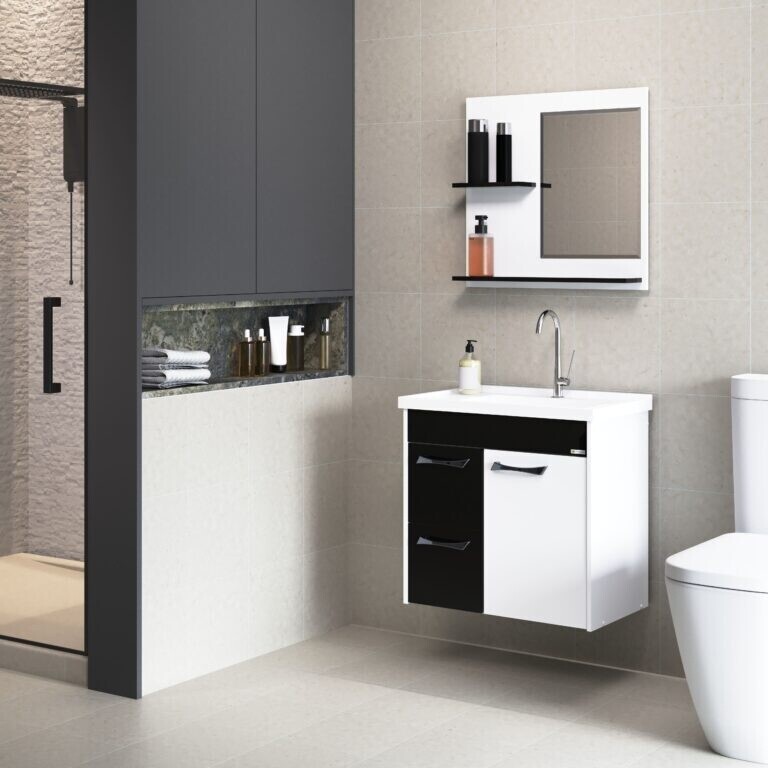 Conj Balcao Wc Rorato 55cm Genova   Branco/preto