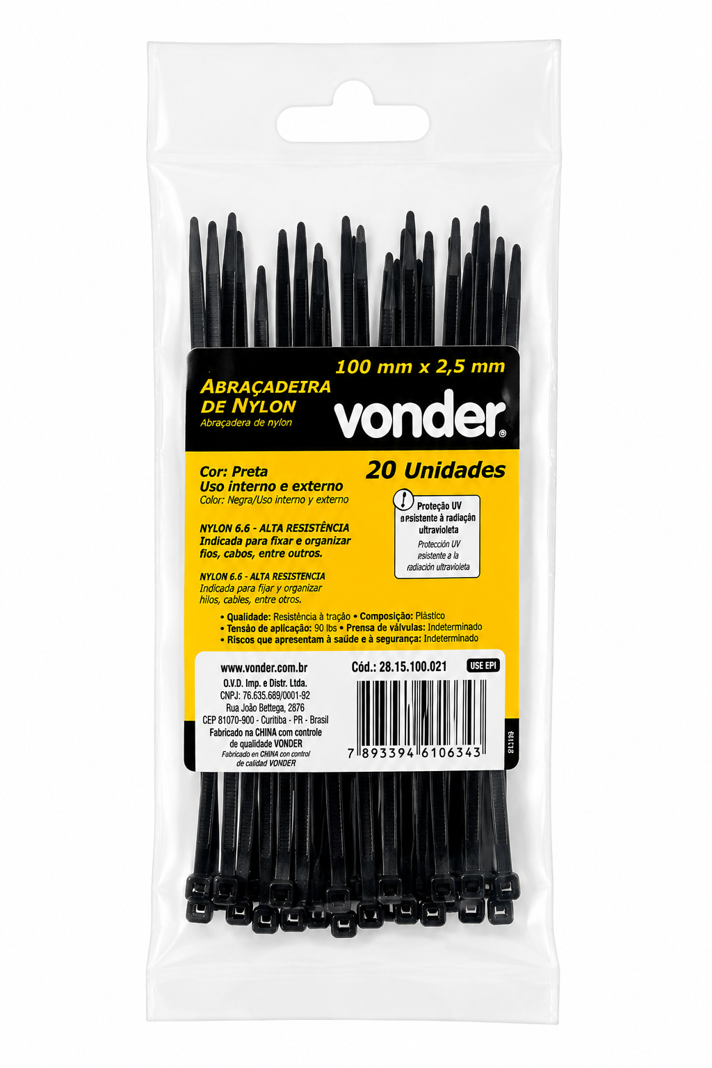 Abraçadeira de Nylon 2,5 × 100 Mm Preta com 20 Unidades - Vonder