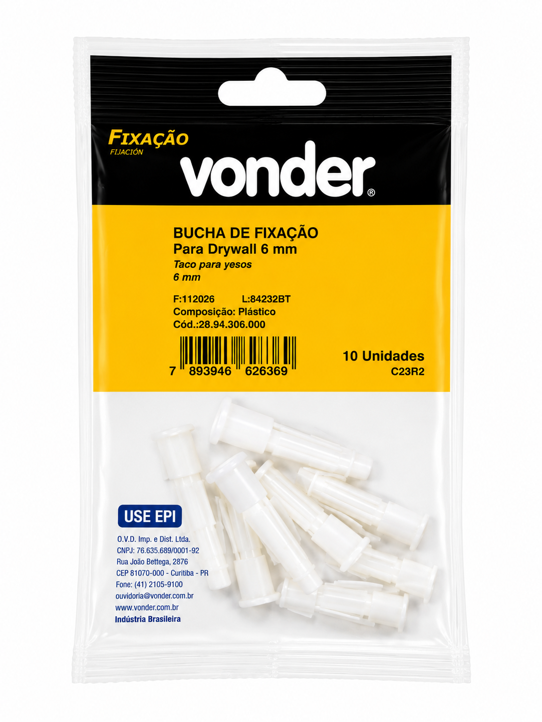 Bucha Plástica para Gesso Drywall 6 Mm com 10 Unidades - Vonder