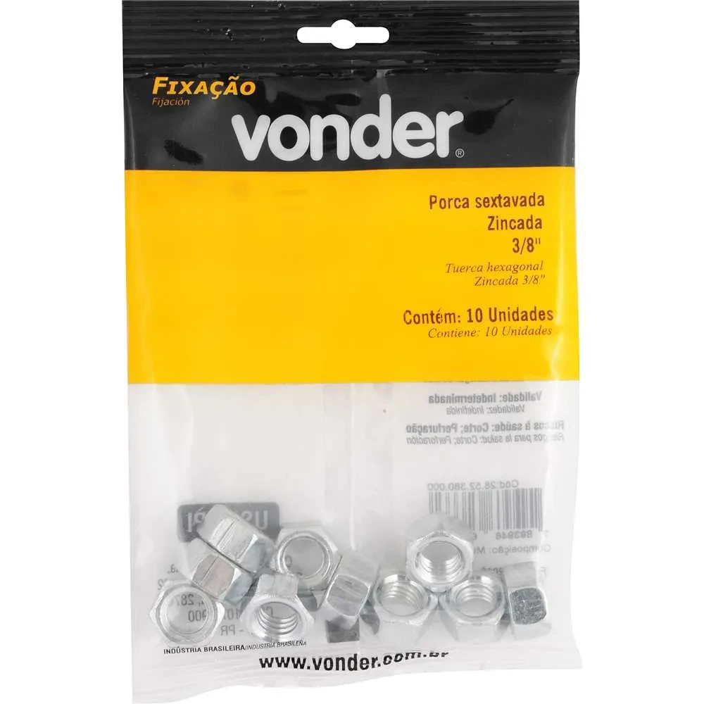 Porca Sextavada Zincada 3/8pol com 10 Unidades - Vonder