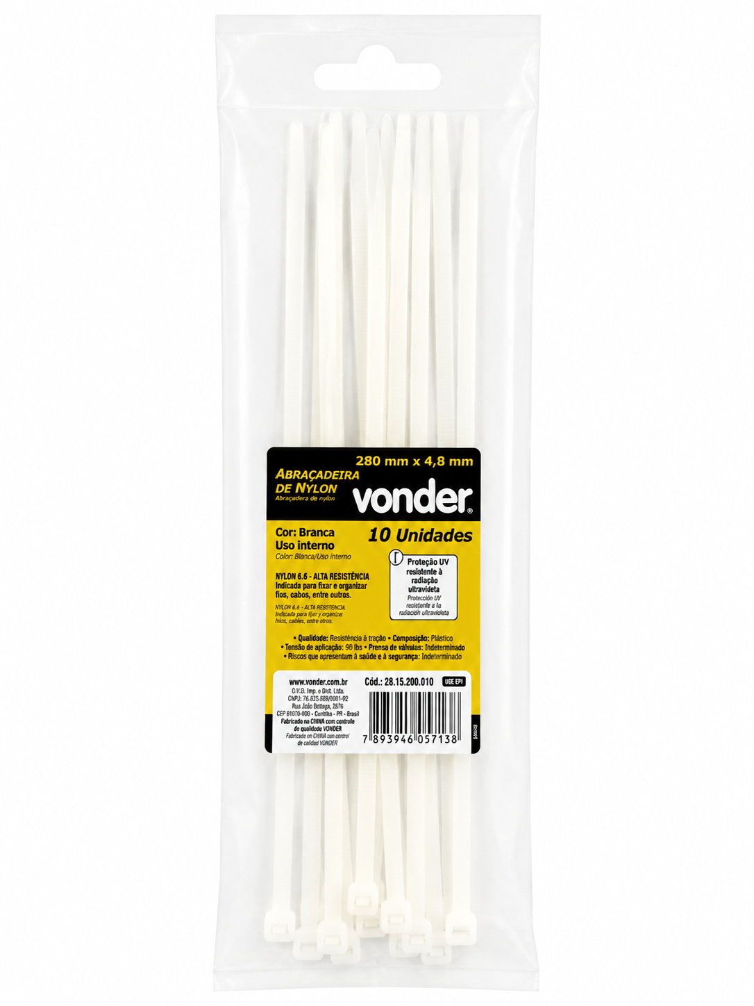 Abraçadeira de Nylon 4,8 × 280 Mm Branca com 10 Unidades - Vonder