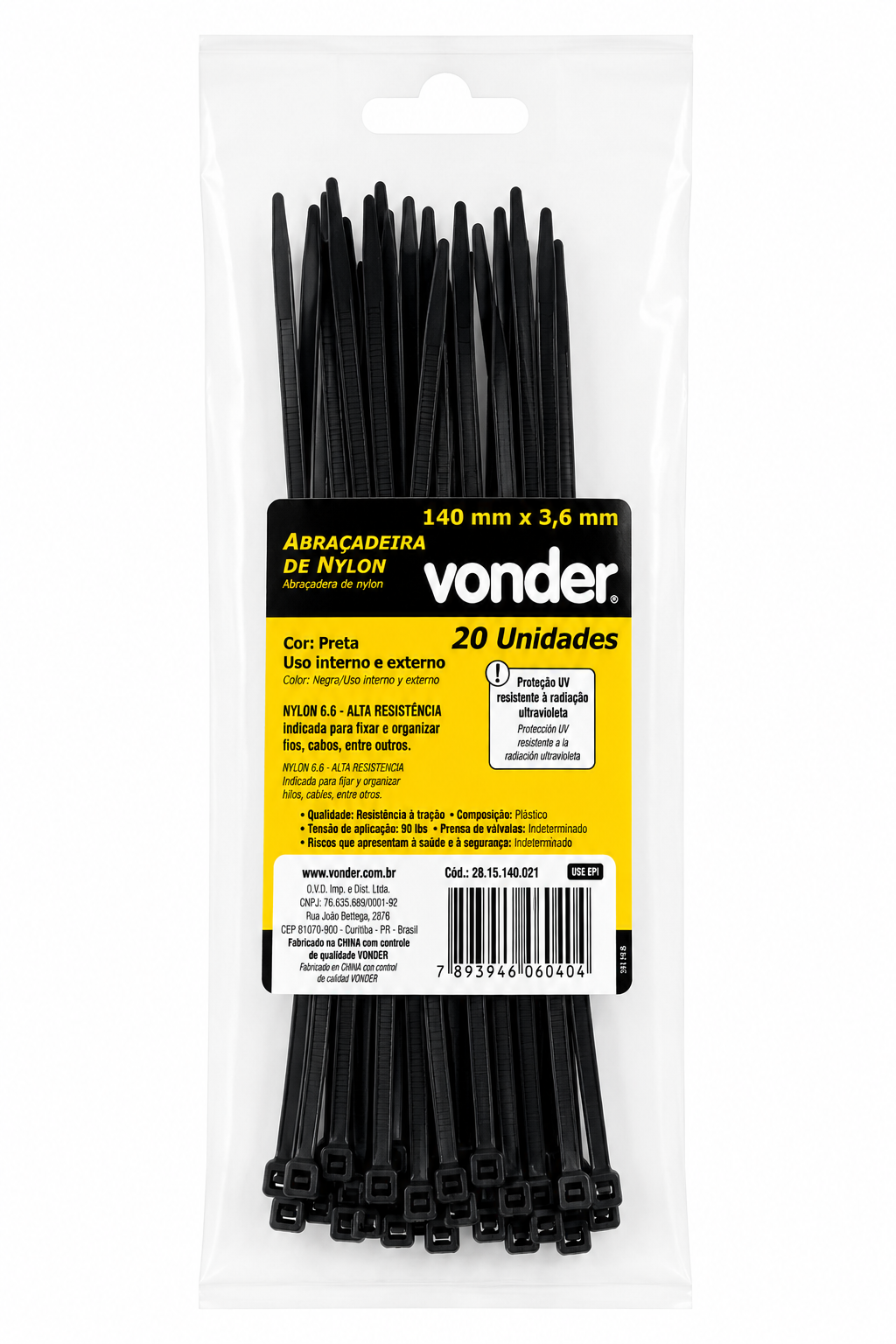 Abraçadeira de Nylon 3,6 × 140 Mm Preta com 20 Unidades - Vonder