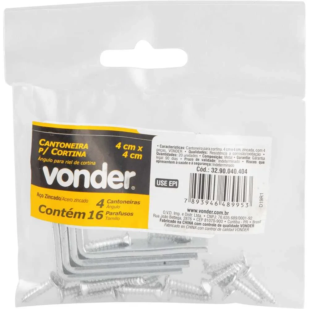 Cantoneira Zincada para Cortina 4×4cm com 4 Unidades - Vonder