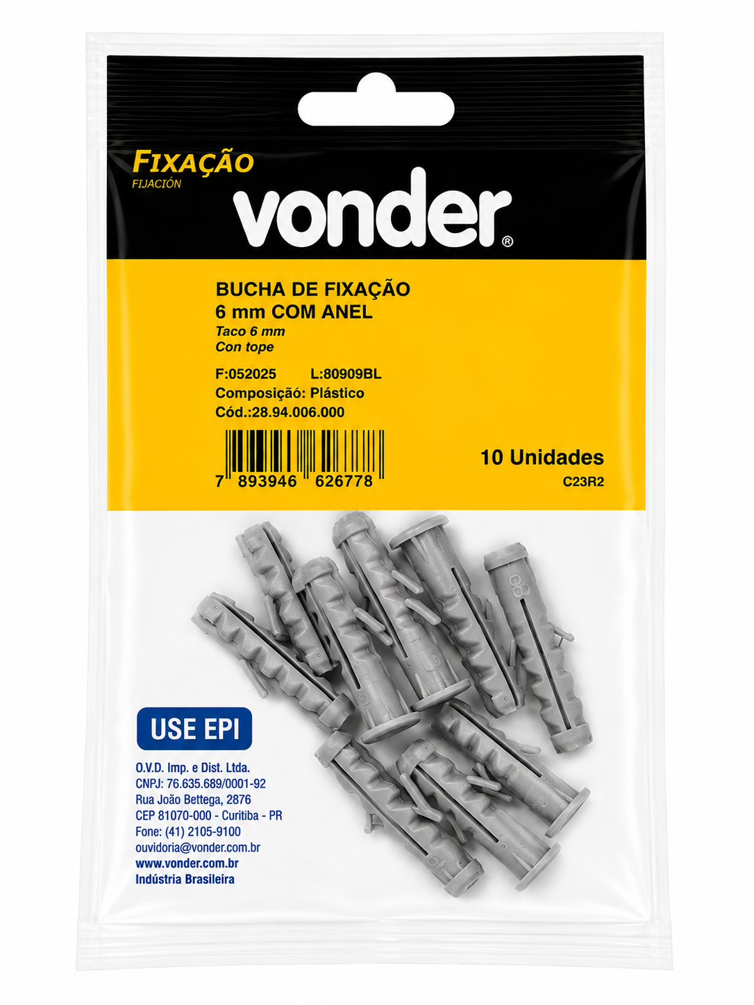 Bucha de Fixação em Nylon 6 Mm com Anel e 10 Unidades - Vonder
