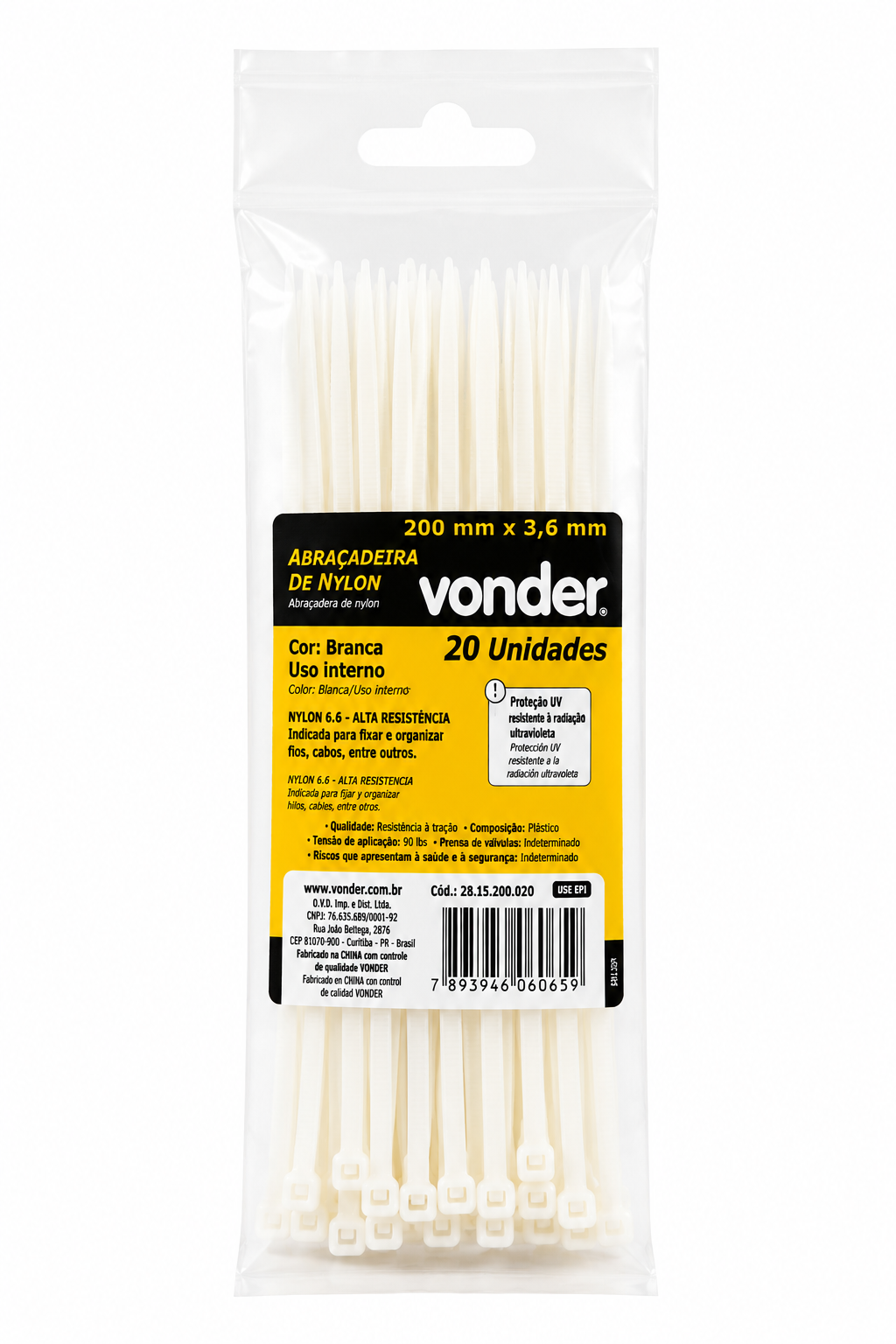 Abraçadeira de Nylon 4,8 × 200 Mm Branca com 20 Unidades - Vonder