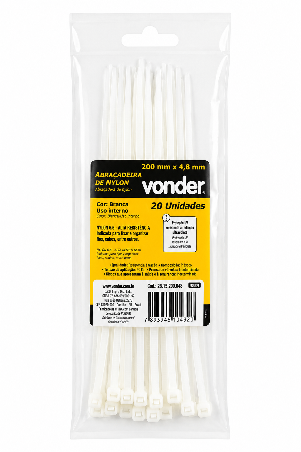 Abraçadeira de Nylon 3,6 × 200 Mm Branca com 20 Unidades - Vonder