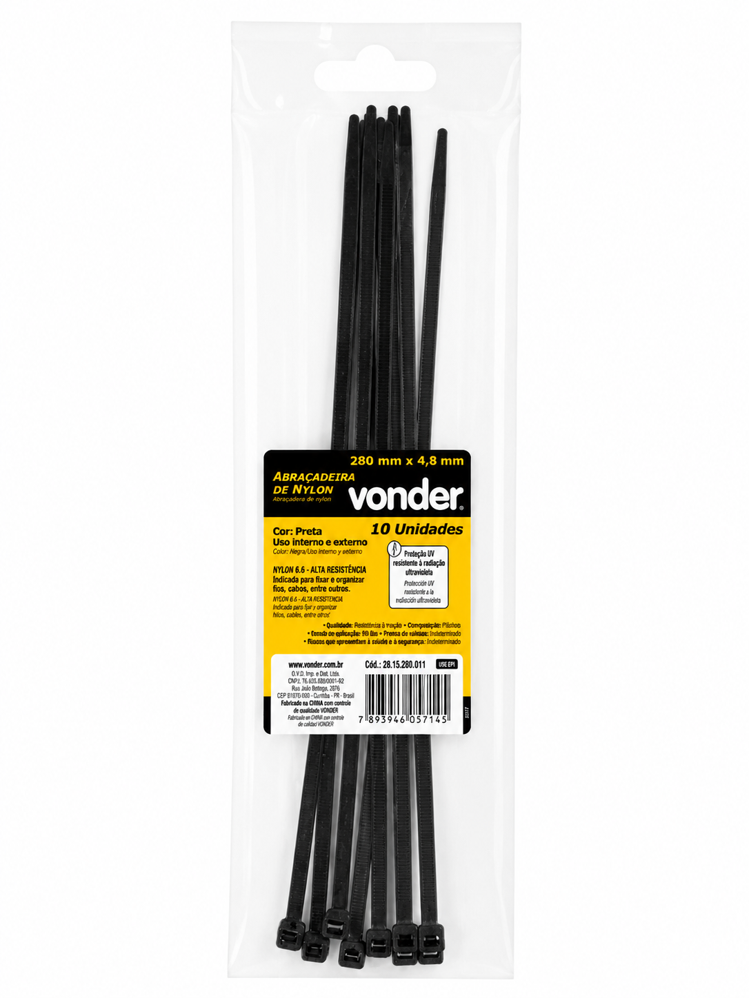 Abraçadeira de Nylon 4,8 × 280 Mm Preta com 10 Unidades - Vonder