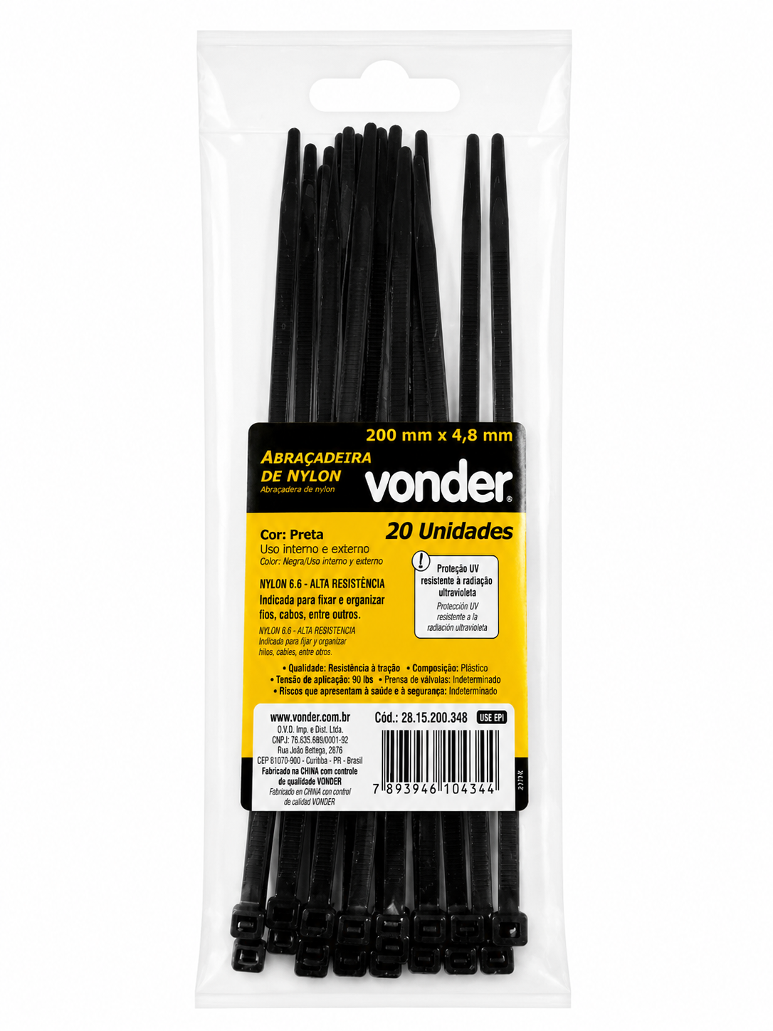 Abraçadeira de Nylon 4,8 × 200 Mm Preta com 20 Unidades - Vonder