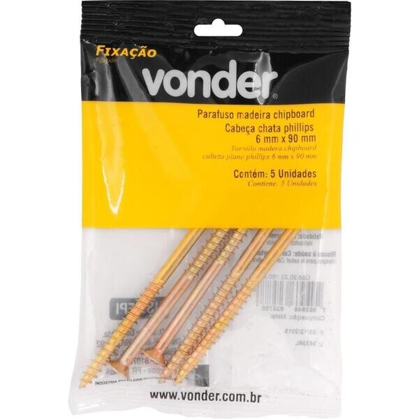 Parafuso para Madeira Chipboard Phillips 6,0×90mm com 5 Unidades - Vonder