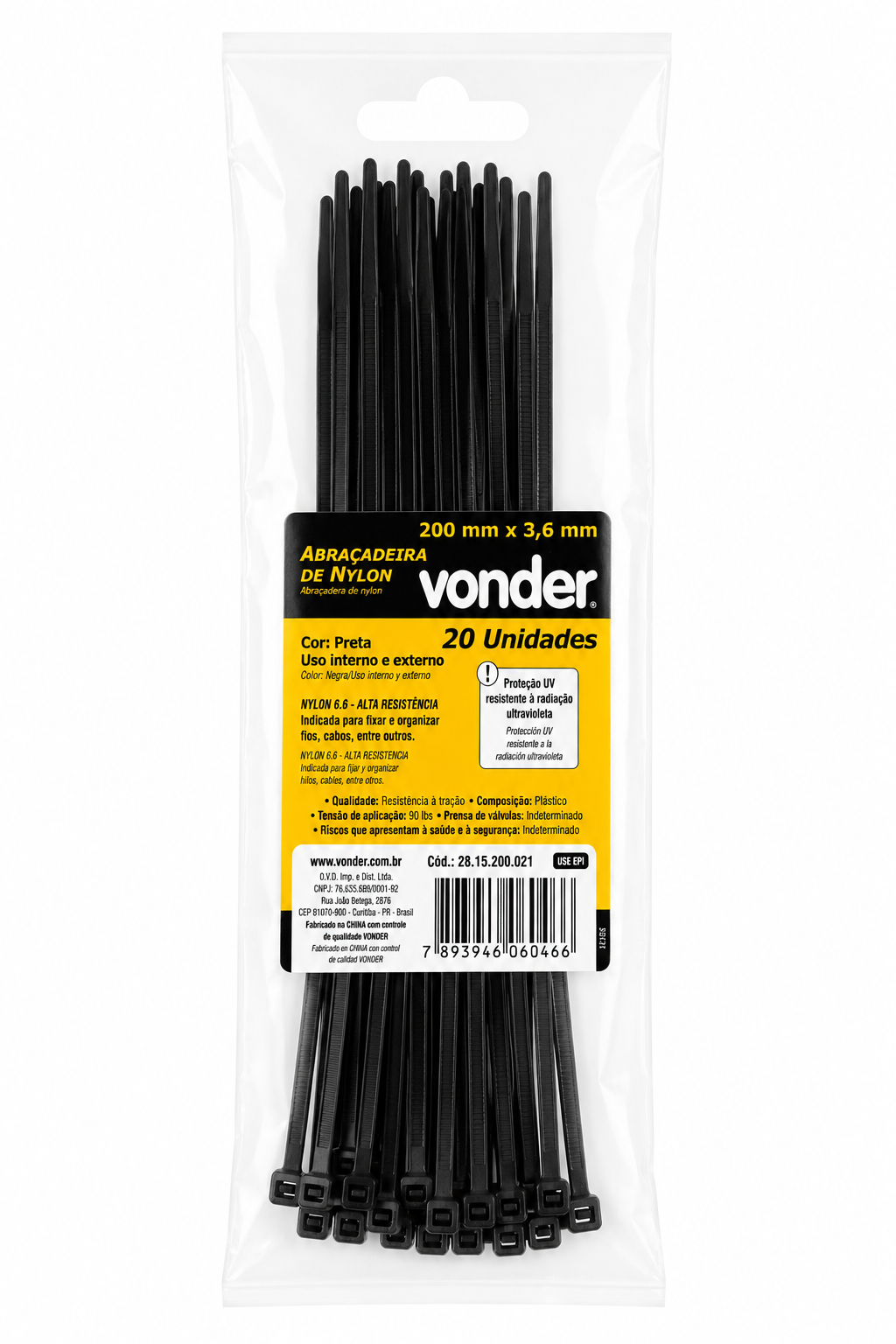 Abraçadeira de Nylon 3,6 × 200 Mm Preta com 20 Unidades - Vonder