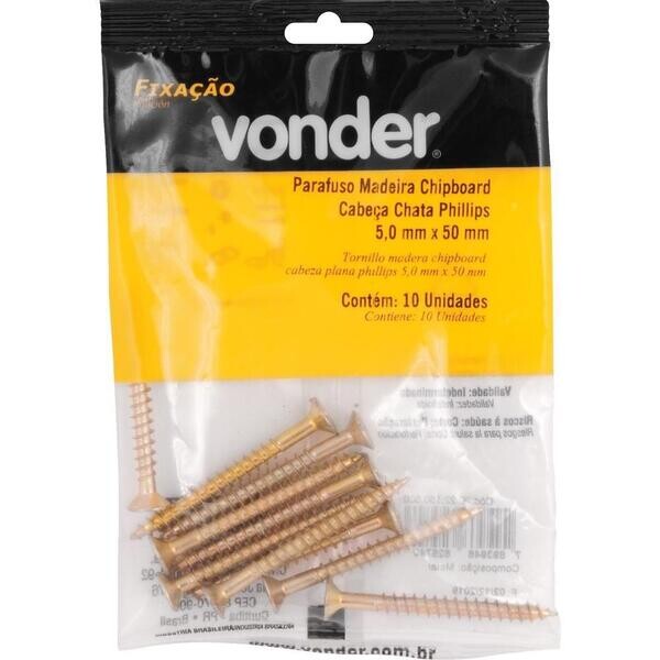 Parafuso para Madeira Chipboard Phillips 5,0×50mm com 10 Unidades - Vonder