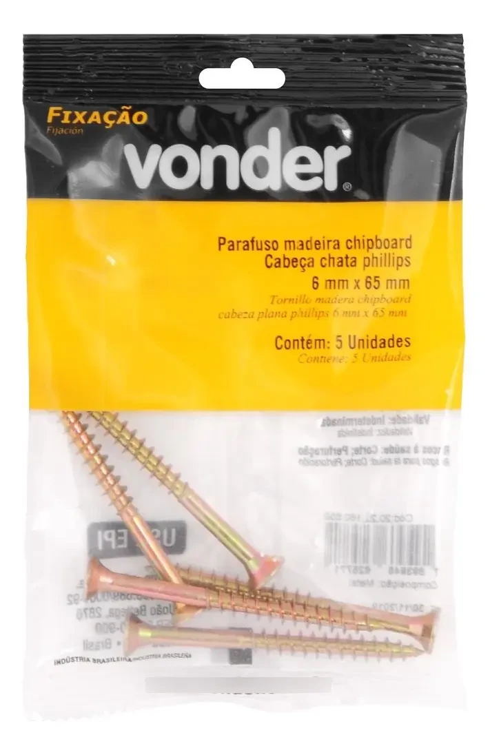 Parafuso para Madeira Chipboard Phillips 6,0×65mm com 5 Unidades - Vonder