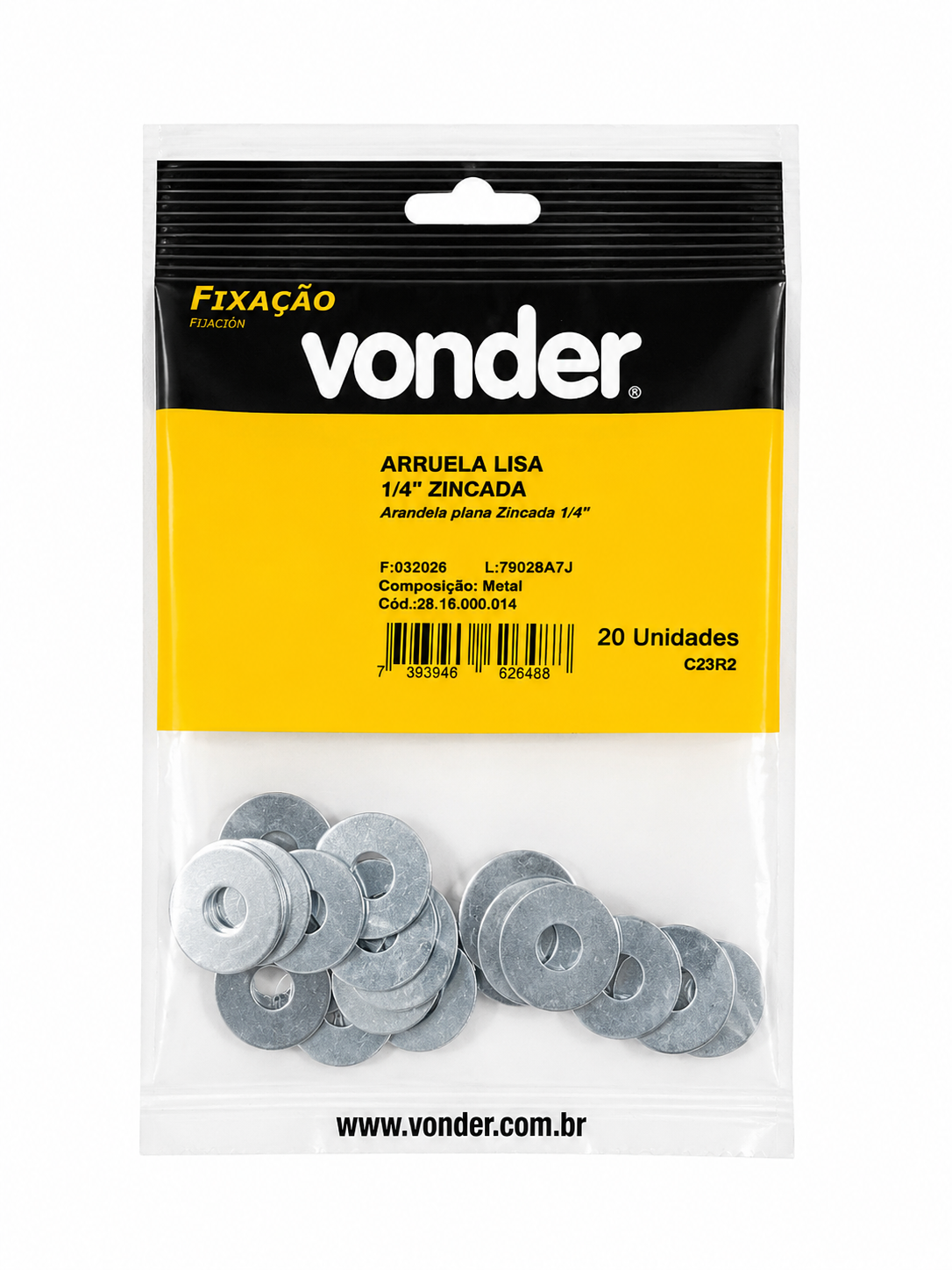 Arruela Lisa Zincada 1/4" com 20 Unidades - Vonder