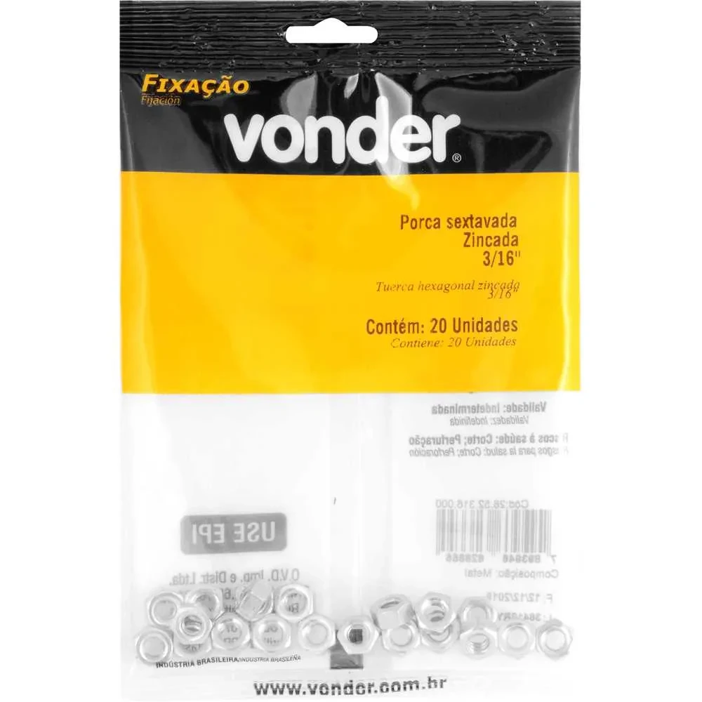 Porca Sextavada Zincada 3/16pol com 20 Unidades - Vonder