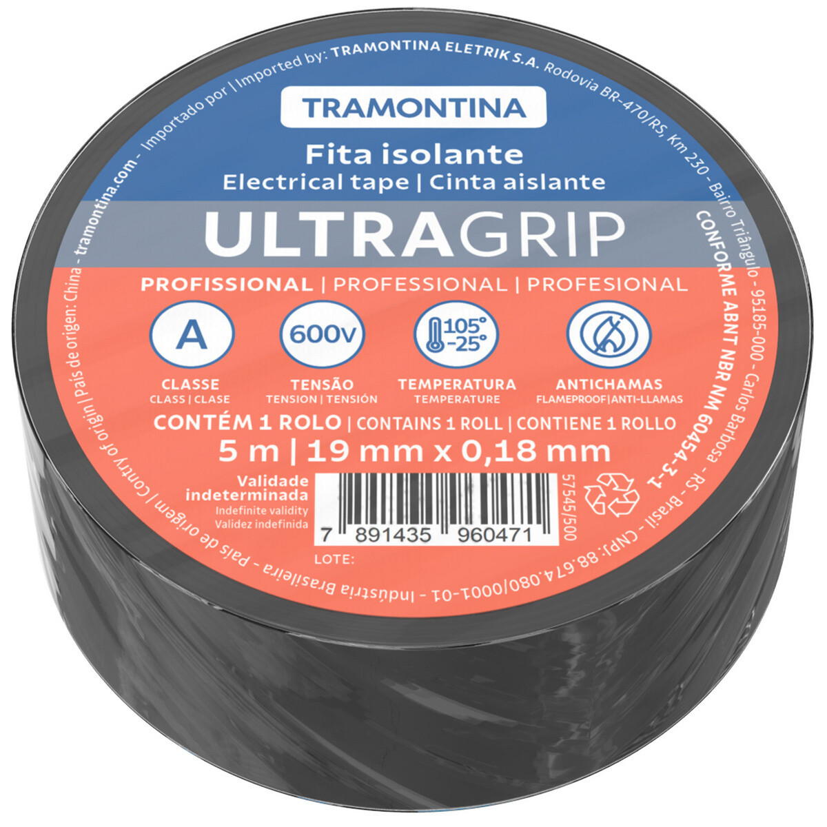 Fita Isolante Classe a 0,18 X 19mm Preta 5 Metros - Tramontina