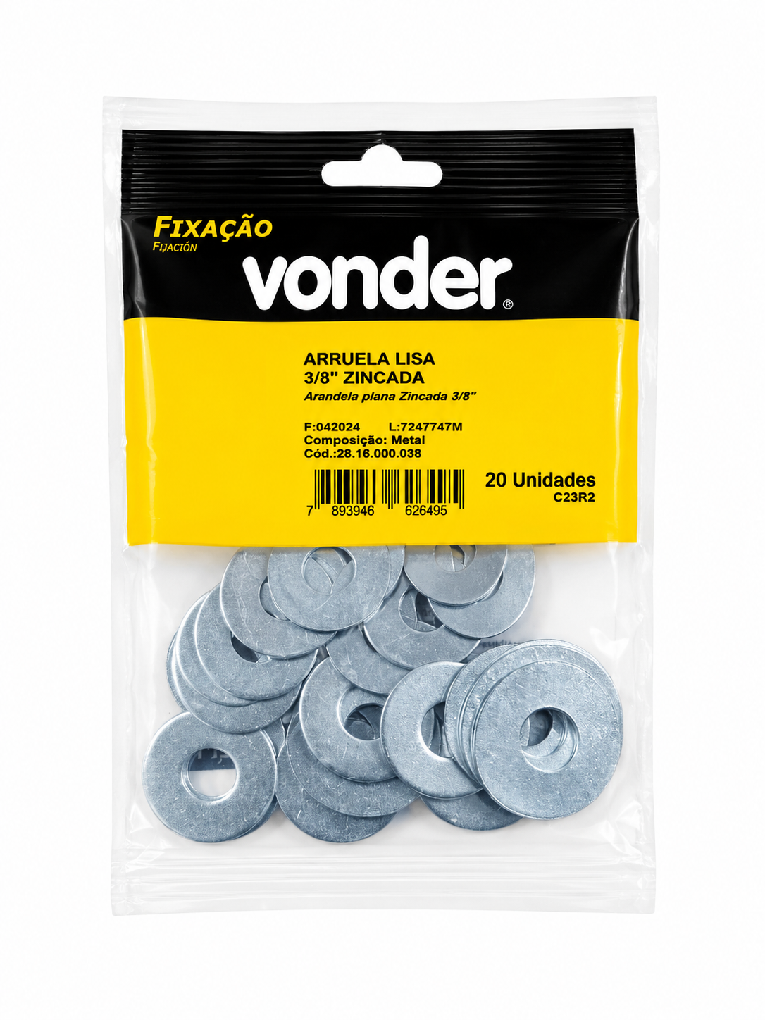 Arruela Lisa Zincada 3/8" com 20 Unidades - Vonder