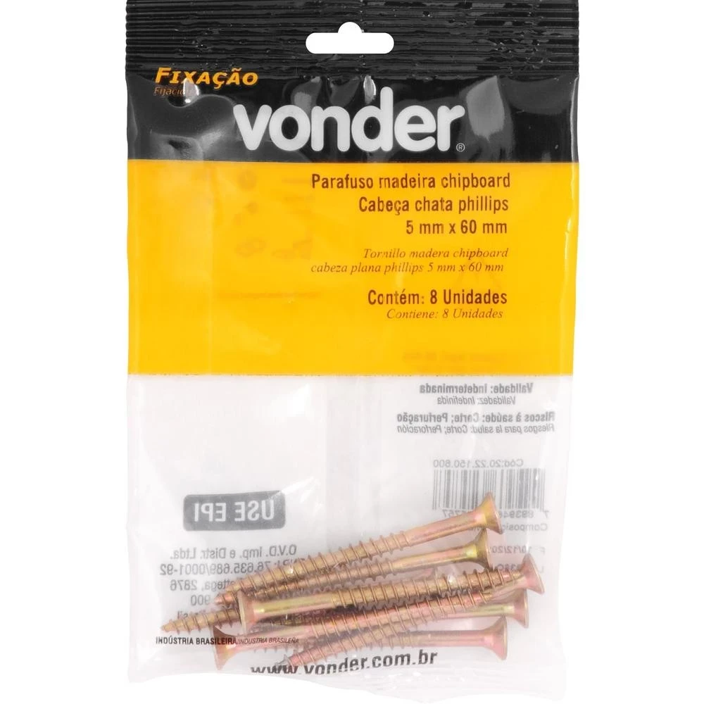 Parafuso para Madeira Chipboard Phillips 5,0×60mm com 8 Unidades - Vonder