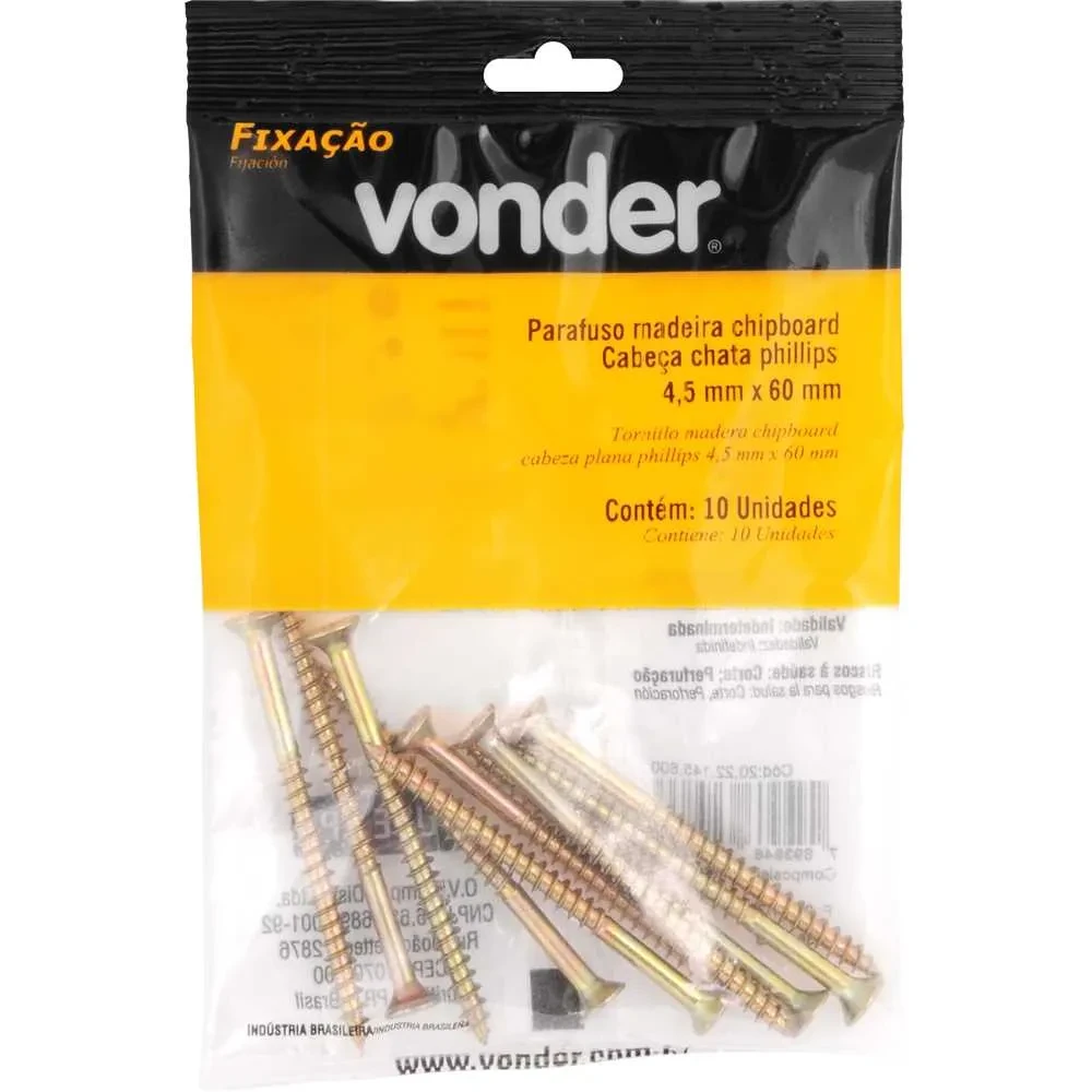 Parafuso para Madeira Chipboard Phillips 4,5×60mm com 10 Unidades - Vonder