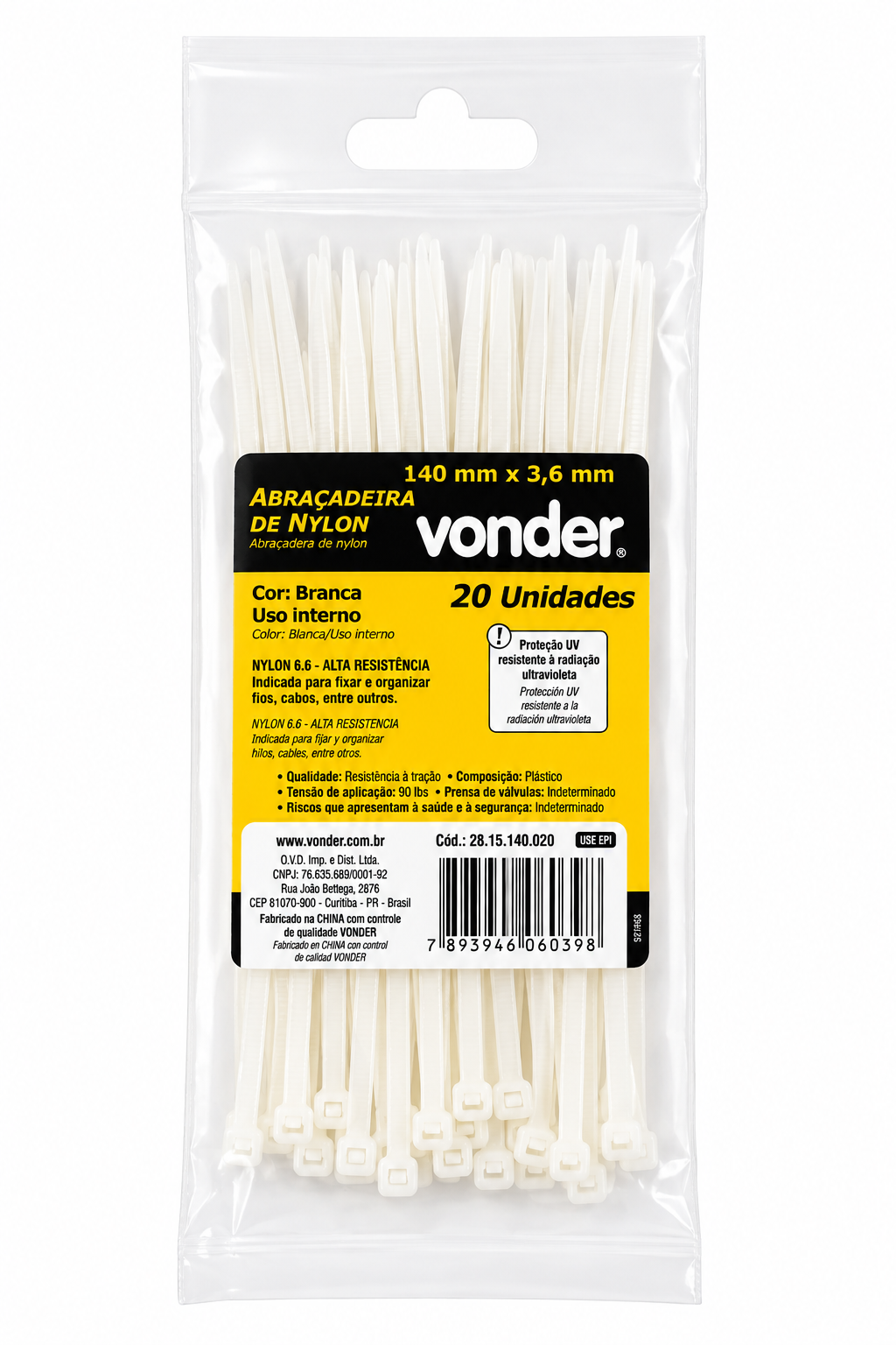 Abraçadeira de Nylon 3,6 × 140 Mm Branca com 20 Unidades - Vonder